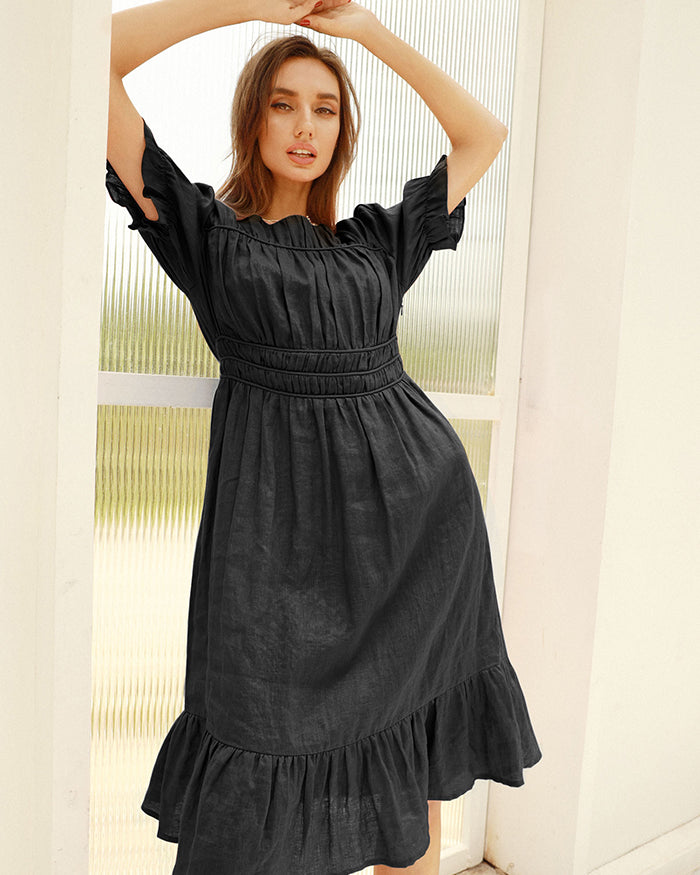 belle poque Frieeah Elastic Waist Puffed Dress Black