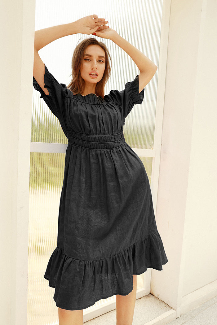 belle poque Frieeah Elastic Waist Puffed Dress Black