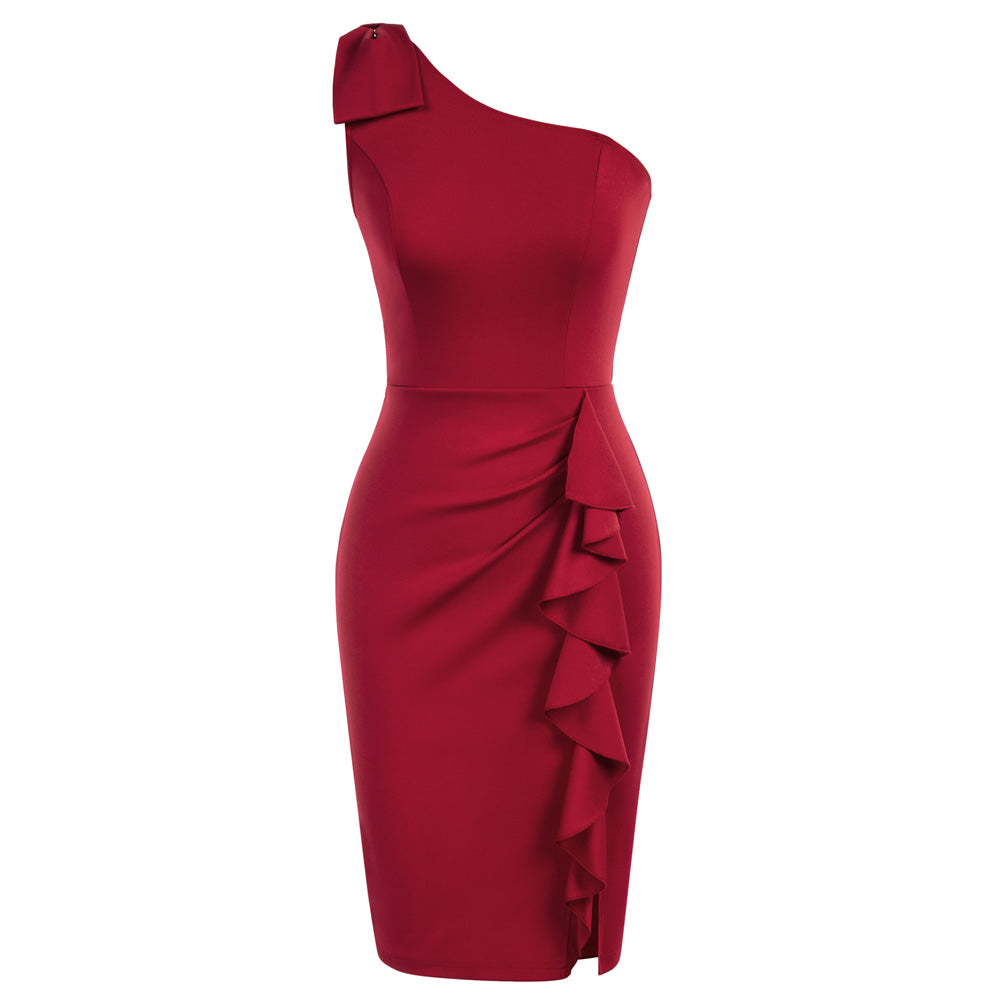belle poque Women One Shoulder Dress Ruffle Decorated Front Slit Bodycon Dress