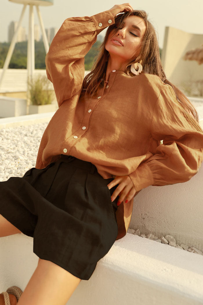 belle poque Frieeah Stand Collar Loose Fit Shirt Ginger