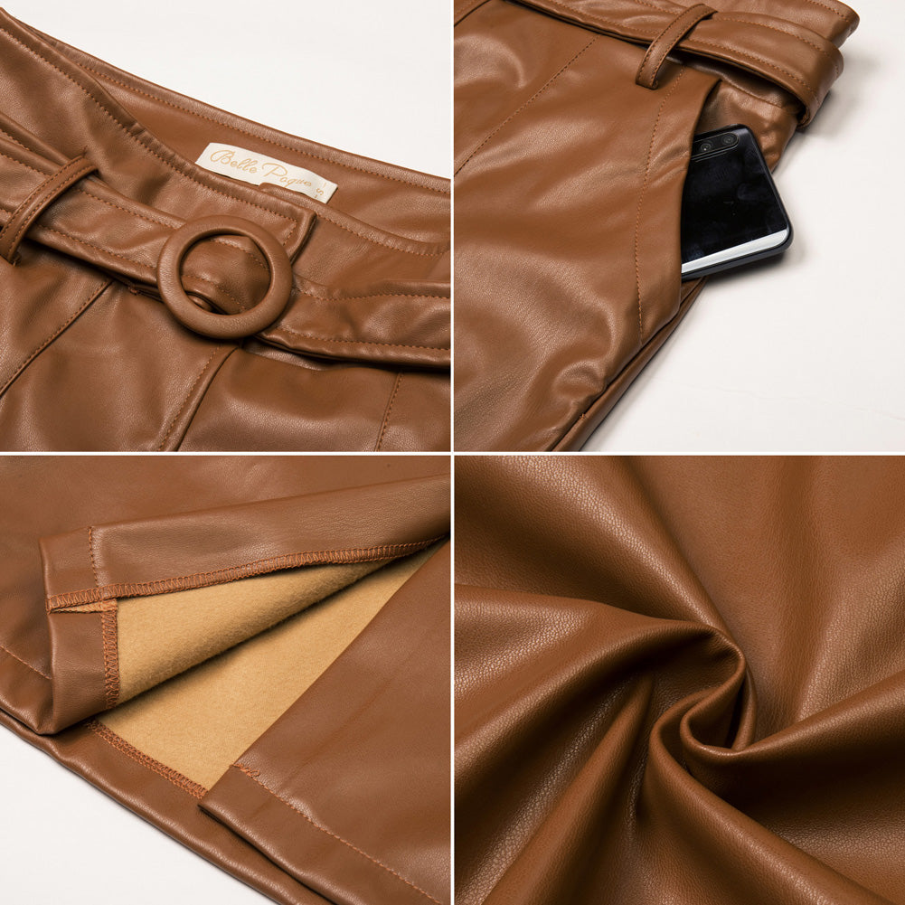 belle poque Vintage PU Leather Skirt with Belt High Waist Front Slit Bodycon Skirt=