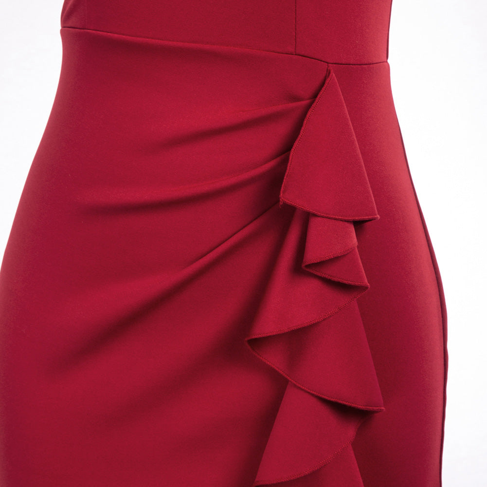 belle poque Women One Shoulder Dress Ruffle Decorated Front Slit Bodycon Dress