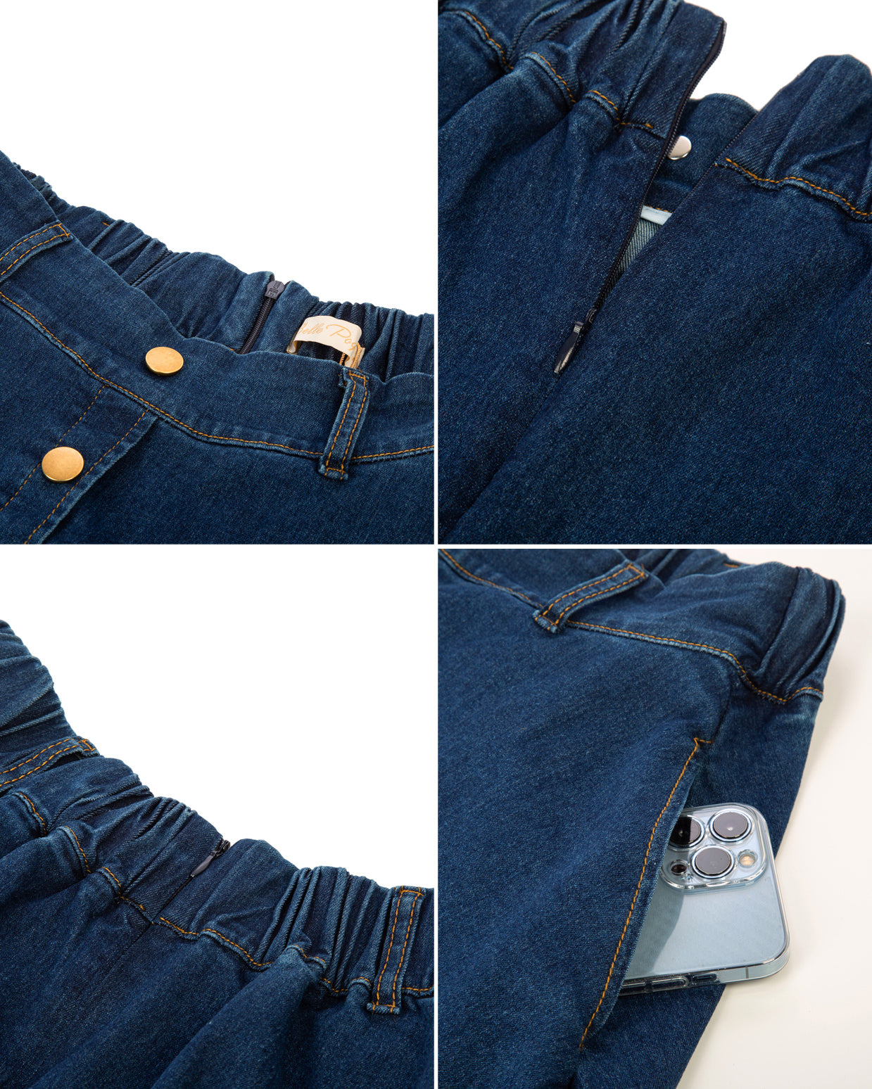 belle poque Jean Skirt with Belt Elastic High Waist A-Line Midi Skirt