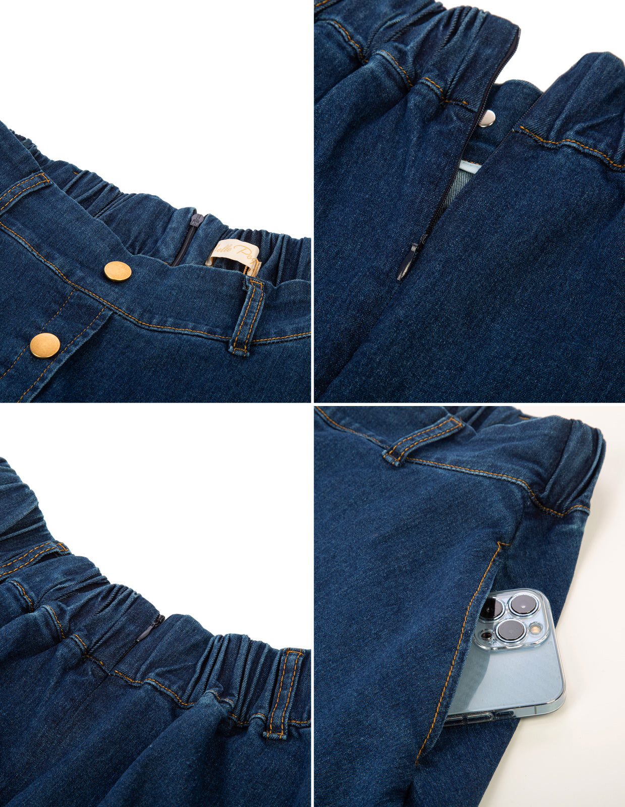 belle poque Jean Skirt with Belt Elastic High Waist A-Line Midi Skirt