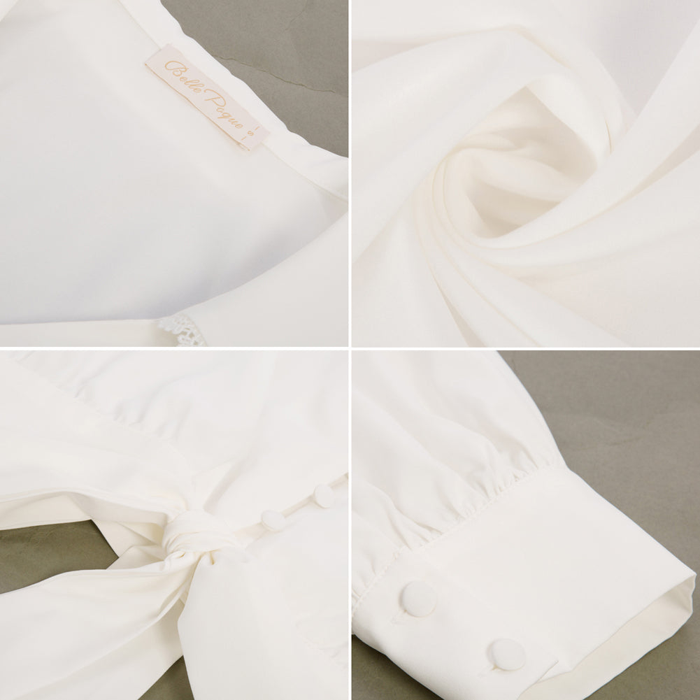belle poque Seckill Offer⌛Vintage Cropped Shirt Long Lantern Sleeve Lapel V-Neck Button-up Tops