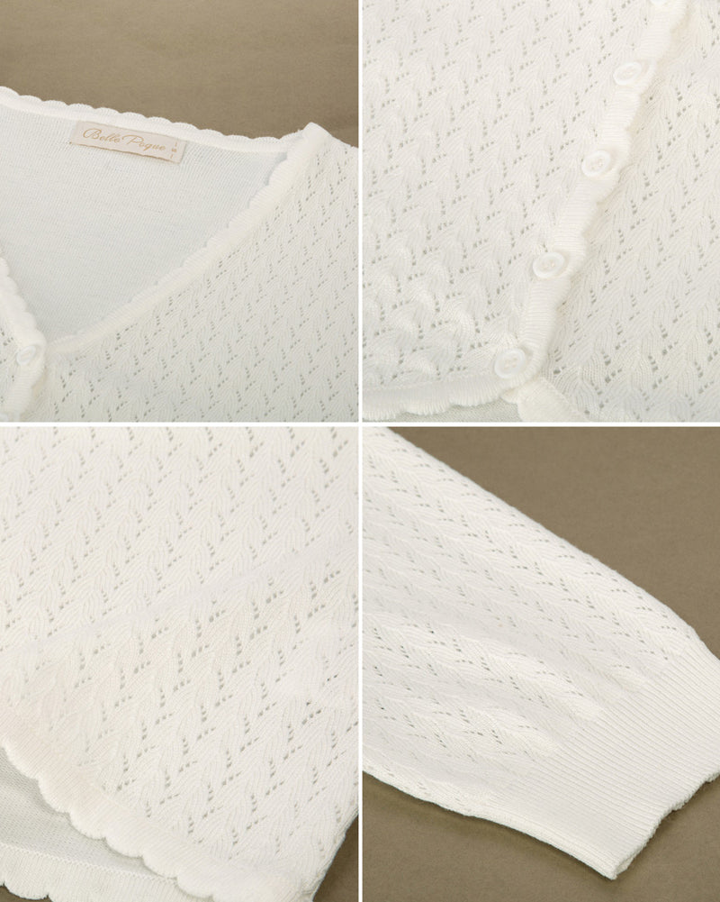belle poque Hollowed-Out Cardigan 3/4 Sleeve V-Neck Button-up Cropped Knitwear