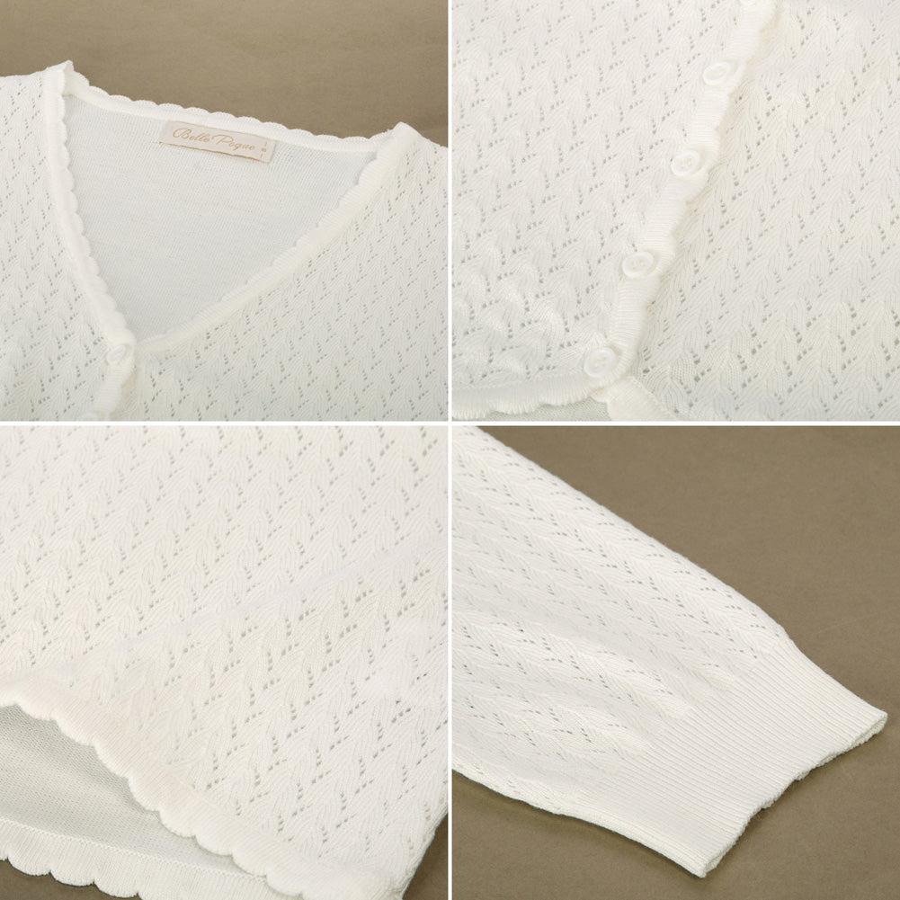 belle poque Hollowed-Out Cardigan 3/4 Sleeve V-Neck Button-up Cropped Knitwear