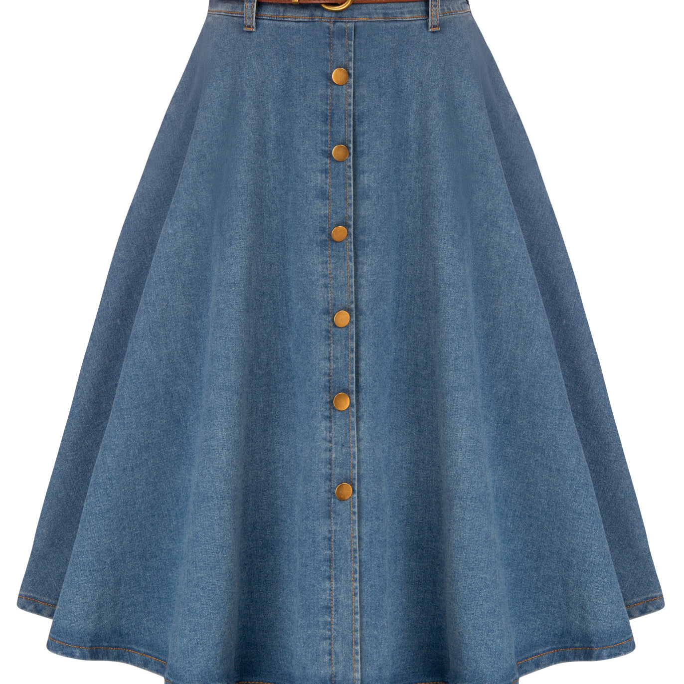 belle poque Jean Skirt with Belt Elastic High Waist A-Line Midi Skirt Light Blue