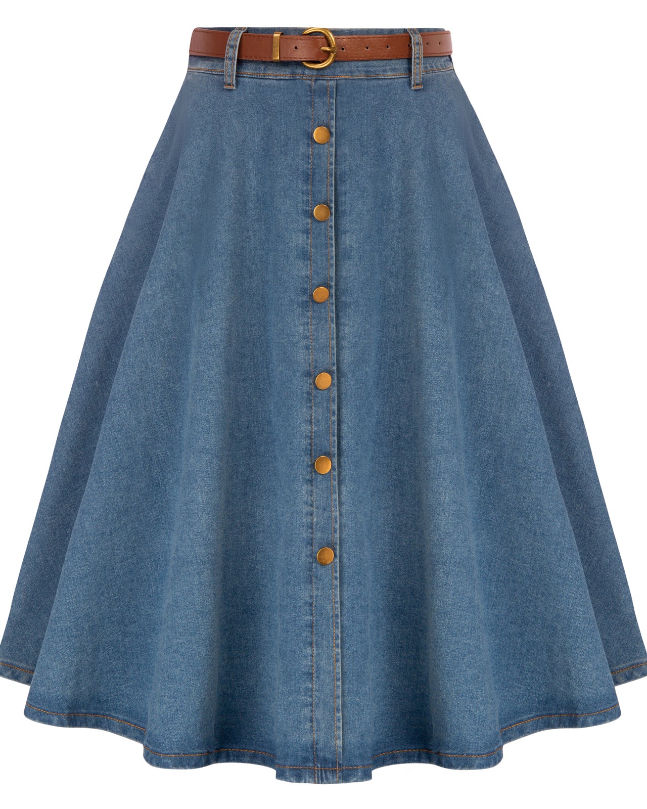belle poque Jean Skirt with Belt Elastic High Waist A-Line Midi Skirt Light Blue