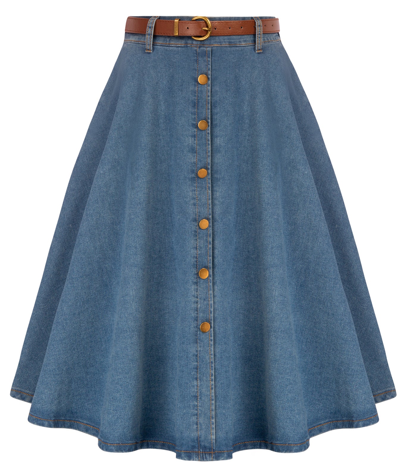 belle poque Jean Skirt with Belt Elastic High Waist A-Line Midi Skirt Light Blue