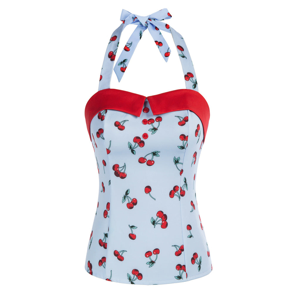 belle poque Women's Cherries Pattern Sleeveless Adjustable Strappy Tank Top 1950s Pin Up Style Sky Blue