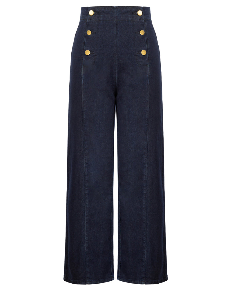 belle poque Wide Leg Jeans Button Decorated Casual Stretchy Demin Pants with Pockets Navy Blue