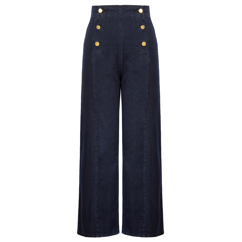 belle poque Wide Leg Jeans Button Decorated Casual Stretchy Demin Pants with Pockets Navy Blue