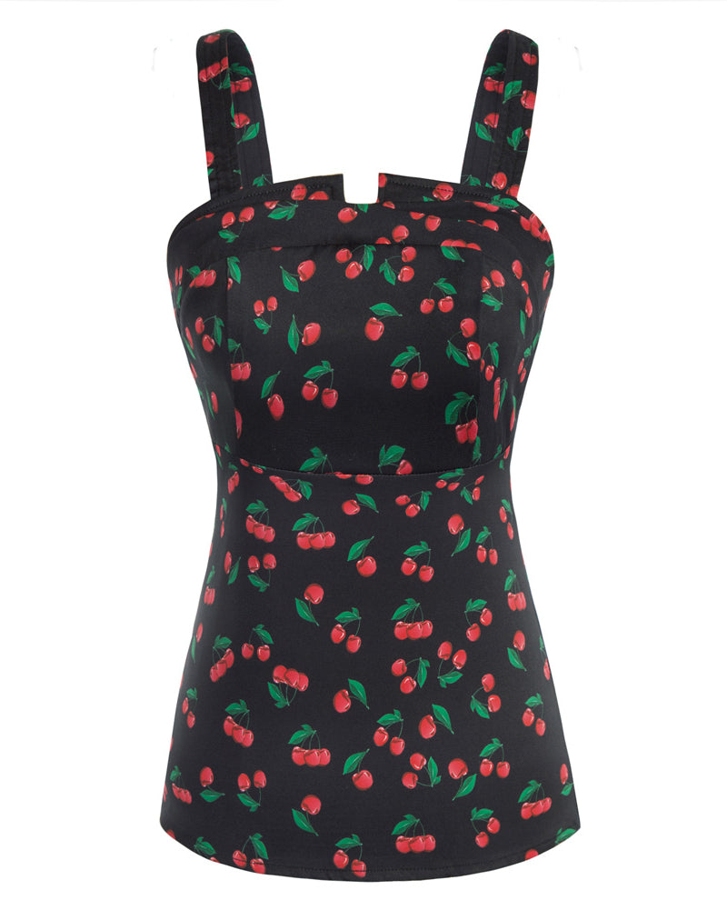 belle poque Seckill Offer⌛Vintage Cherries Print Tops Wide Straps Smocked Back Slim Fit Tank Top Black