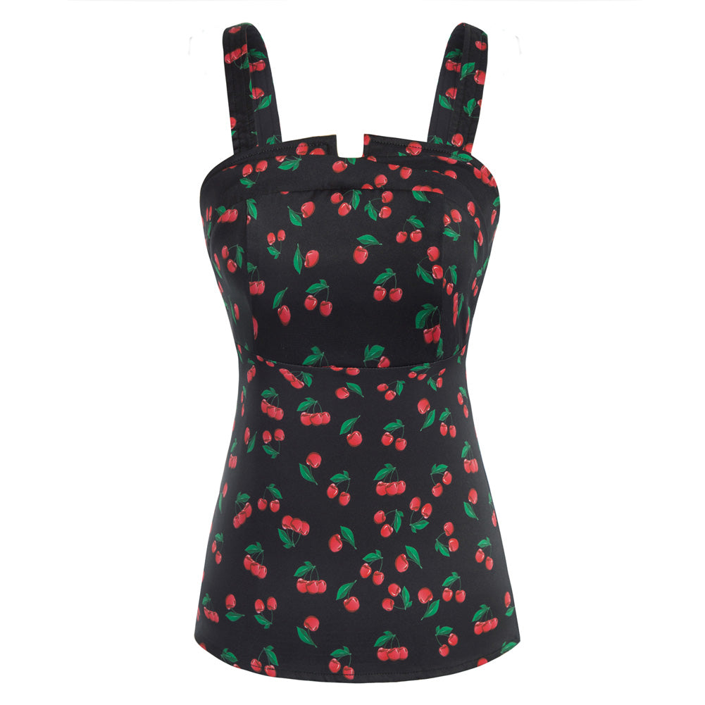 belle poque Seckill Offer⌛Vintage Cherries Print Tops Wide Straps Smocked Back Slim Fit Tank Top Black