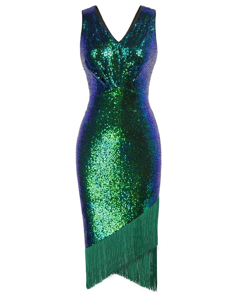 belle poque Seckill Offer⌛Sequined Sleeveless V-Neck Tassel Decorated Wrap Hem Party Dress Dark Green