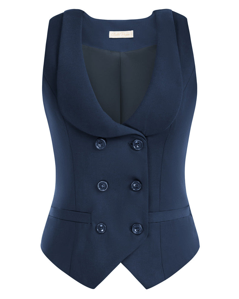 belle poque Double Breasted Waistcoat Vintage Lapel Collar Vest Coat with 2 Pockets Navy Blue