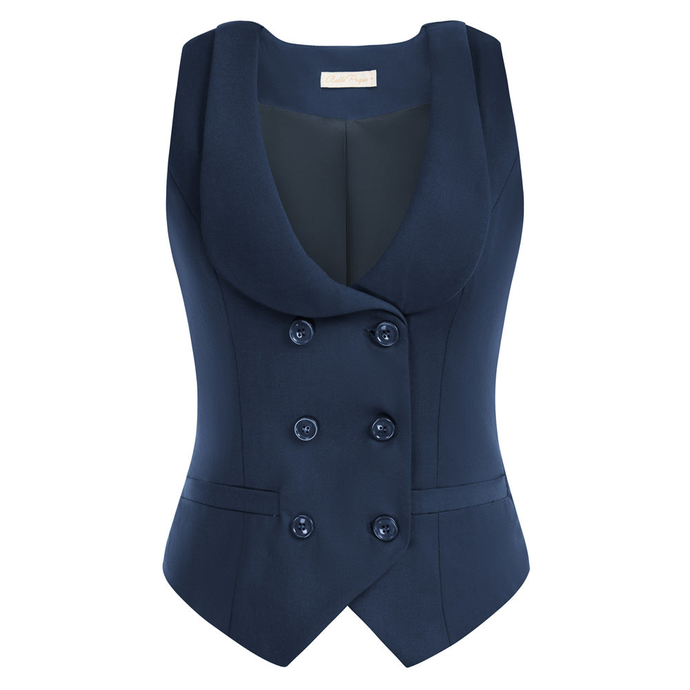 belle poque Double Breasted Waistcoat Vintage Lapel Collar Vest Coat with 2 Pockets Navy Blue