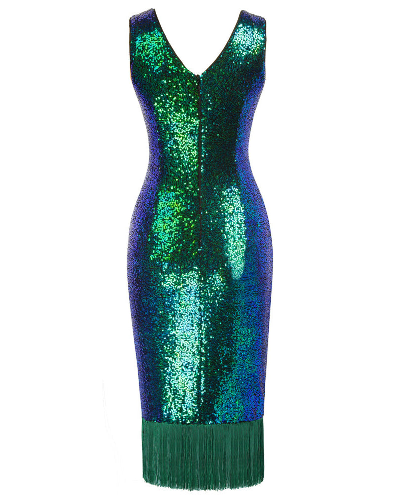 belle poque Seckill Offer⌛Sequined Sleeveless V-Neck Tassel Decorated Wrap Hem Party Dress