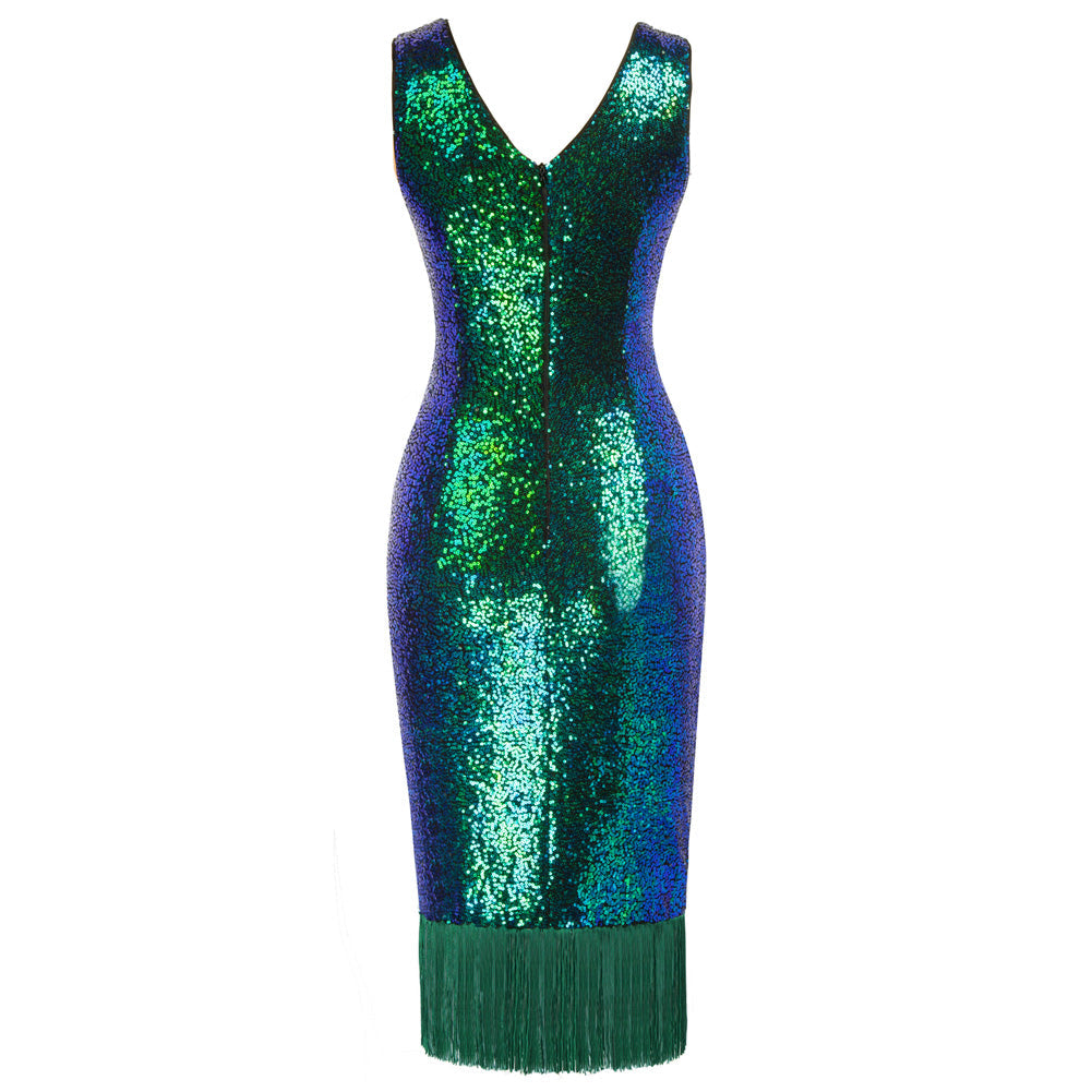 belle poque Seckill Offer⌛Sequined Sleeveless V-Neck Tassel Decorated Wrap Hem Party Dress