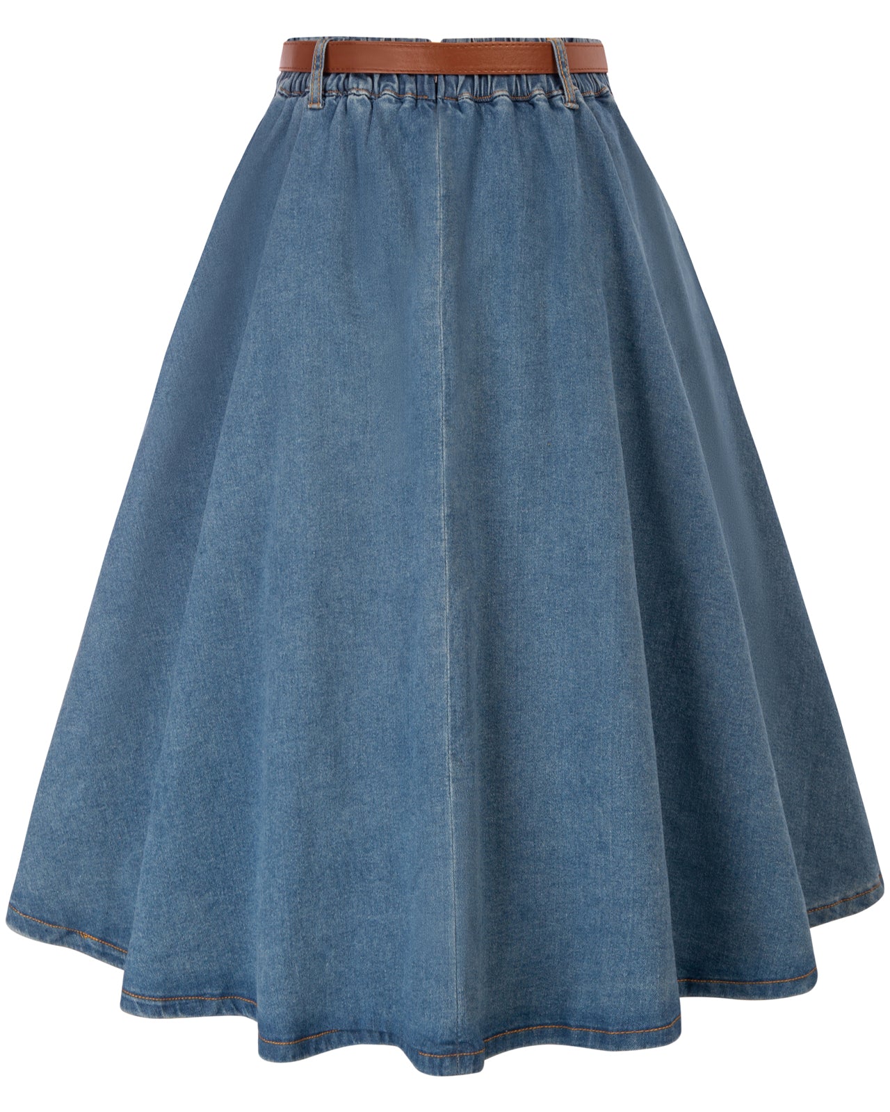 belle poque Jean Skirt with Belt Elastic High Waist A-Line Midi Skirt