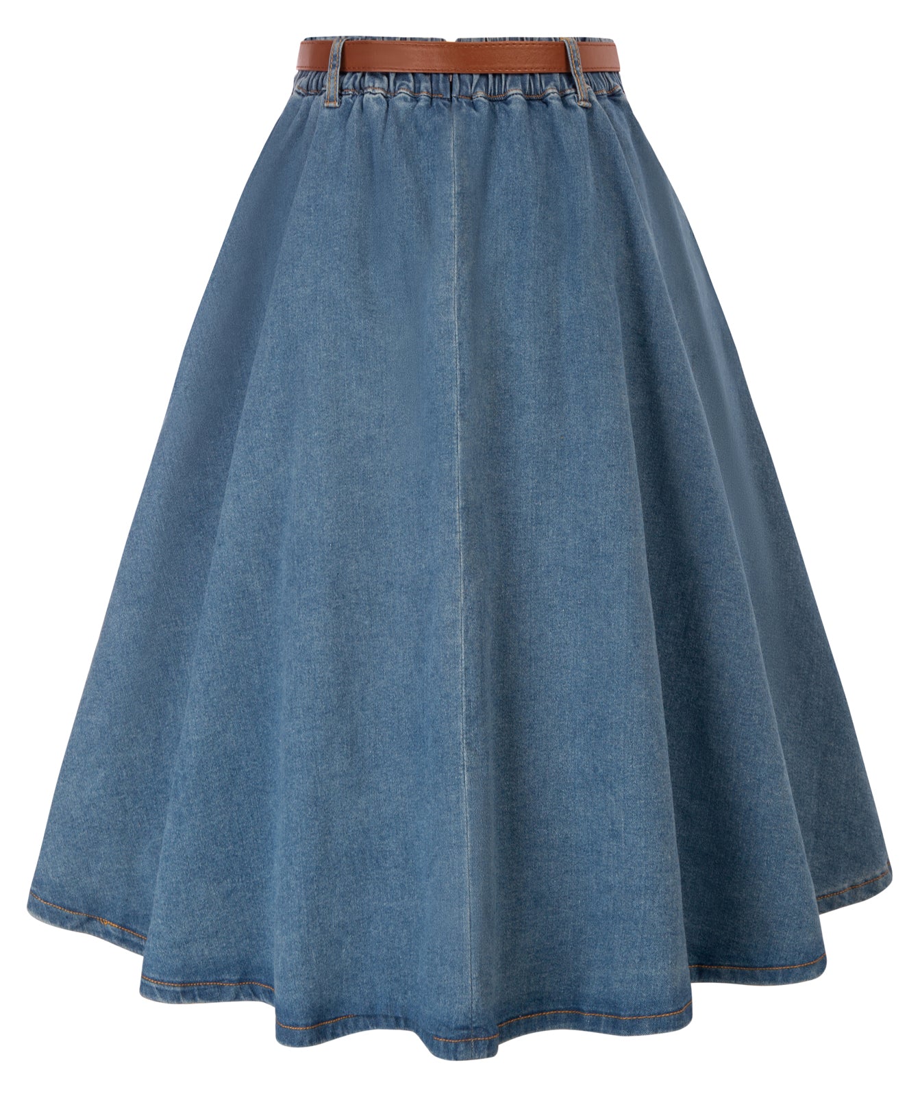 belle poque Jean Skirt with Belt Elastic High Waist A-Line Midi Skirt