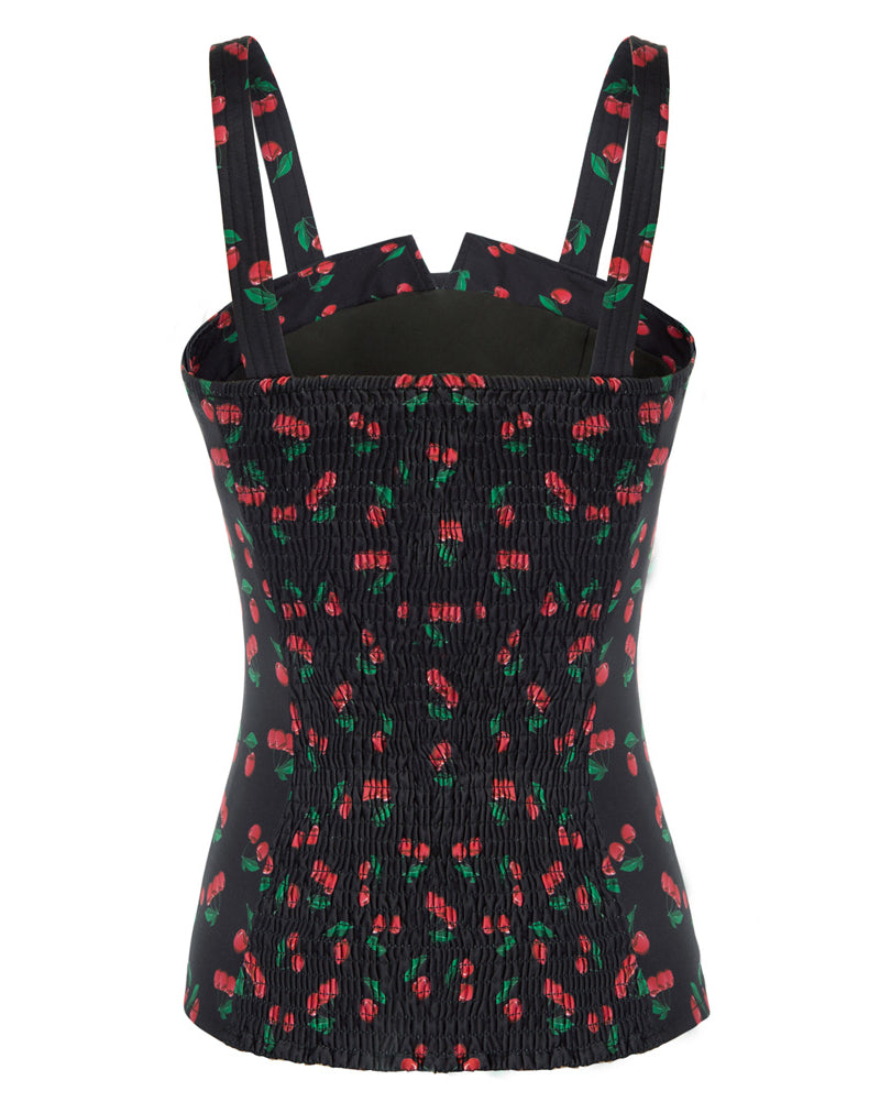 belle poque Seckill Offer⌛Vintage Cherries Print Tops Wide Straps Smocked Back Slim Fit Tank Top