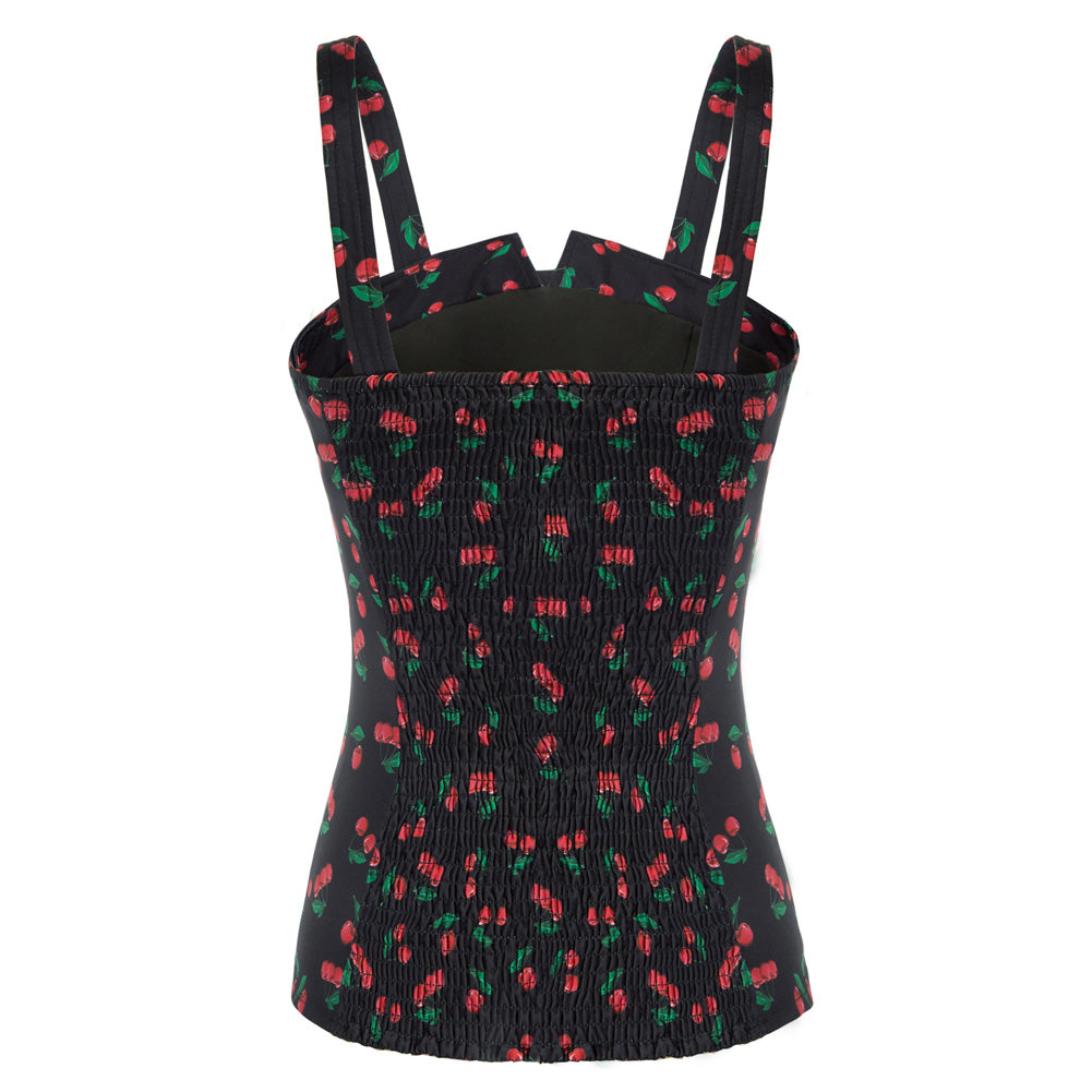 belle poque Seckill Offer⌛Vintage Cherries Print Tops Wide Straps Smocked Back Slim Fit Tank Top