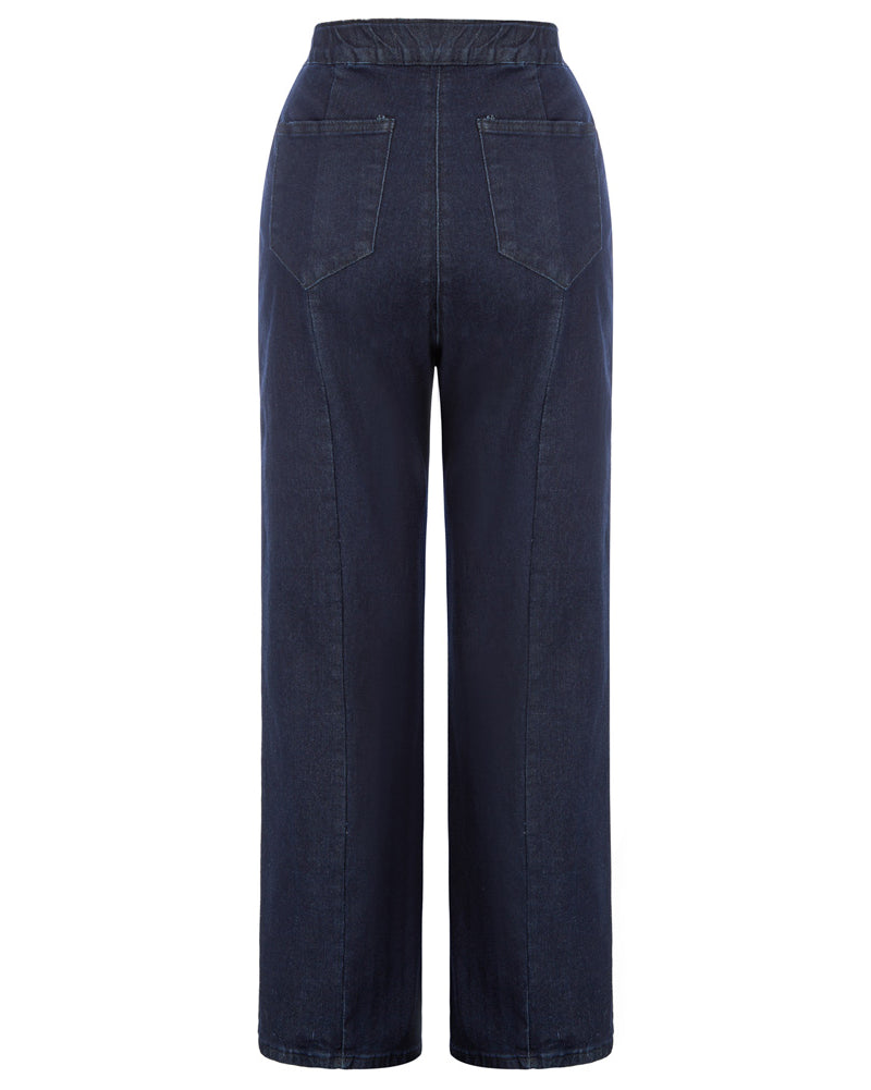 belle poque Wide Leg Jeans Button Decorated Casual Stretchy Demin Pants with Pockets