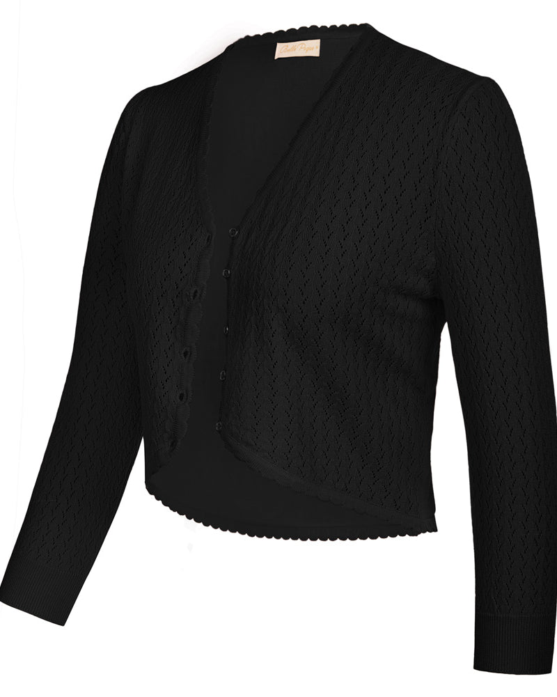 belle poque Hollowed-Out Cardigan 3/4 Sleeve V-Neck Button-up Cropped Knitwear