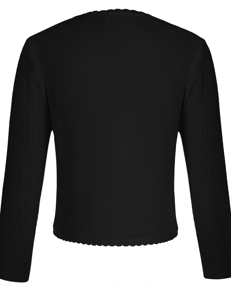 belle poque Hollowed-Out Cardigan 3/4 Sleeve V-Neck Button-up Cropped Knitwear