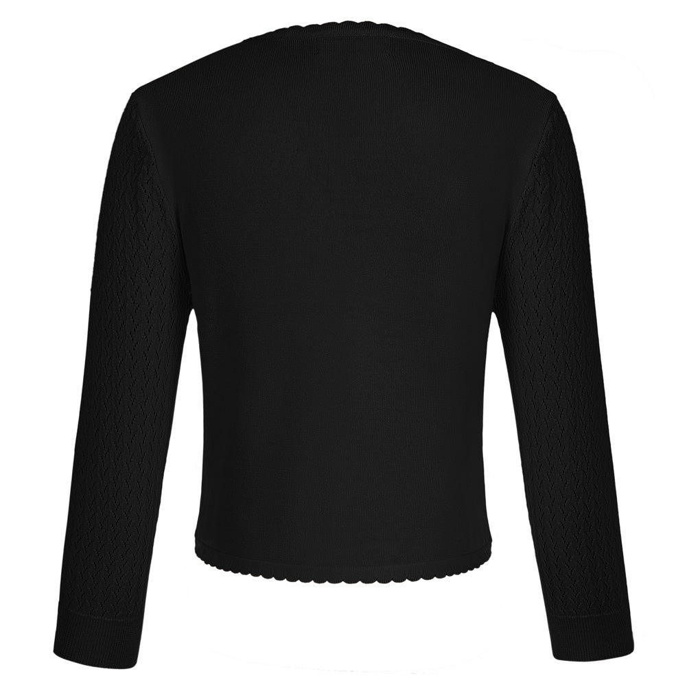 belle poque Hollowed-Out Cardigan 3/4 Sleeve V-Neck Button-up Cropped Knitwear