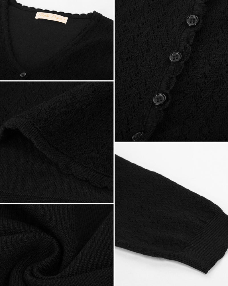 belle poque Hollowed-Out Cardigan 3/4 Sleeve V-Neck Button-up Cropped Knitwear