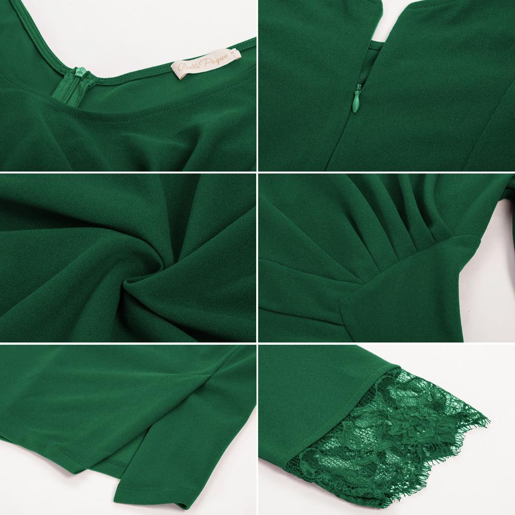 belle poque Fans Look of Retro V-Neck Lace Splicing Bodycon Dress 3/4 Puffed Sleeve Ruched Front Pencil Dress