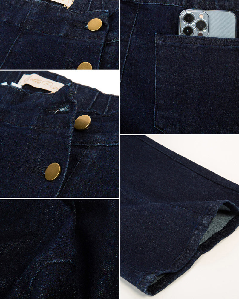 belle poque Wide Leg Jeans Button Decorated Casual Stretchy Demin Pants with Pockets
