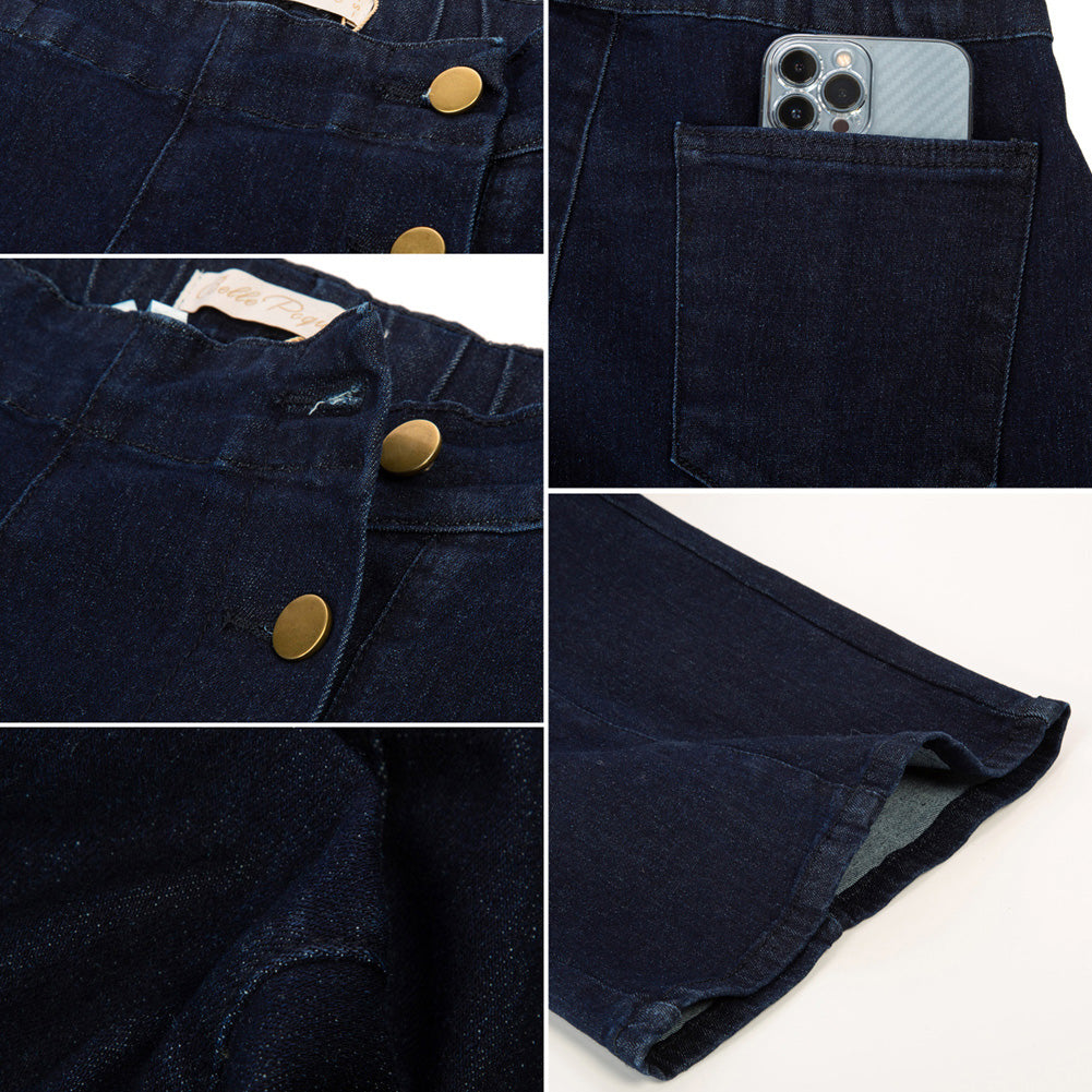 belle poque Wide Leg Jeans Button Decorated Casual Stretchy Demin Pants with Pockets