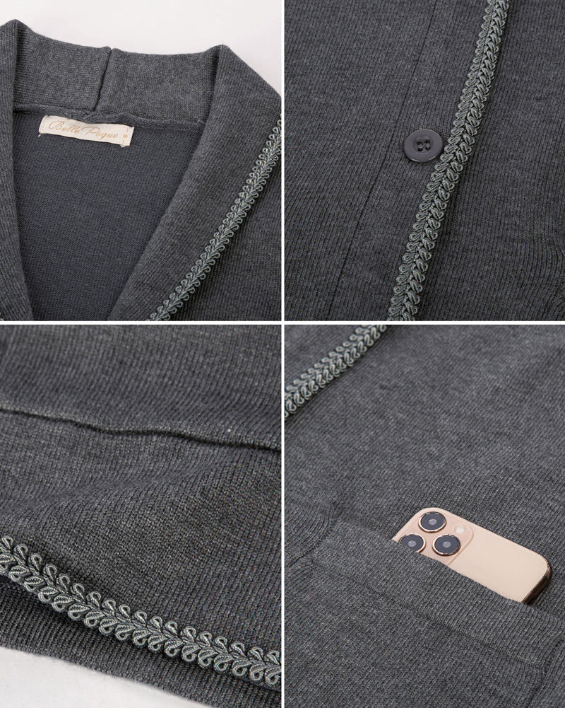 belle poque Vintage Shawl Lapel Cardigan Sweater Long Sleeve Knitted Blazer Coat