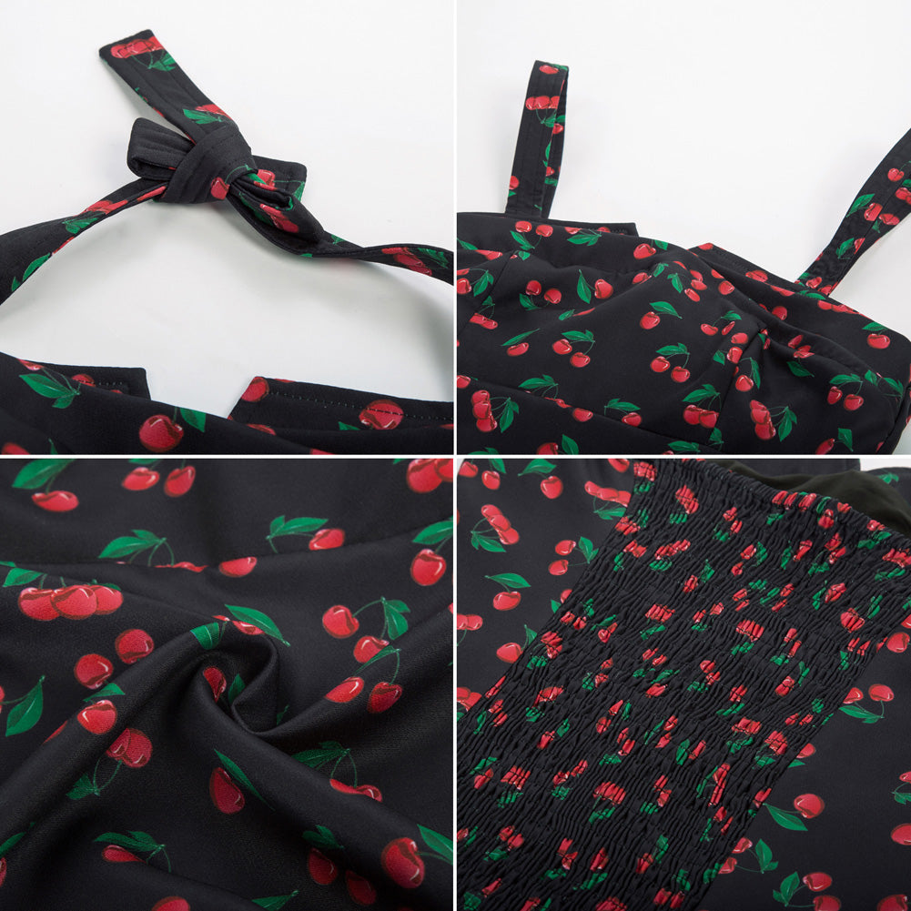 belle poque Seckill Offer⌛Vintage Cherries Print Tops Wide Straps Smocked Back Slim Fit Tank Top