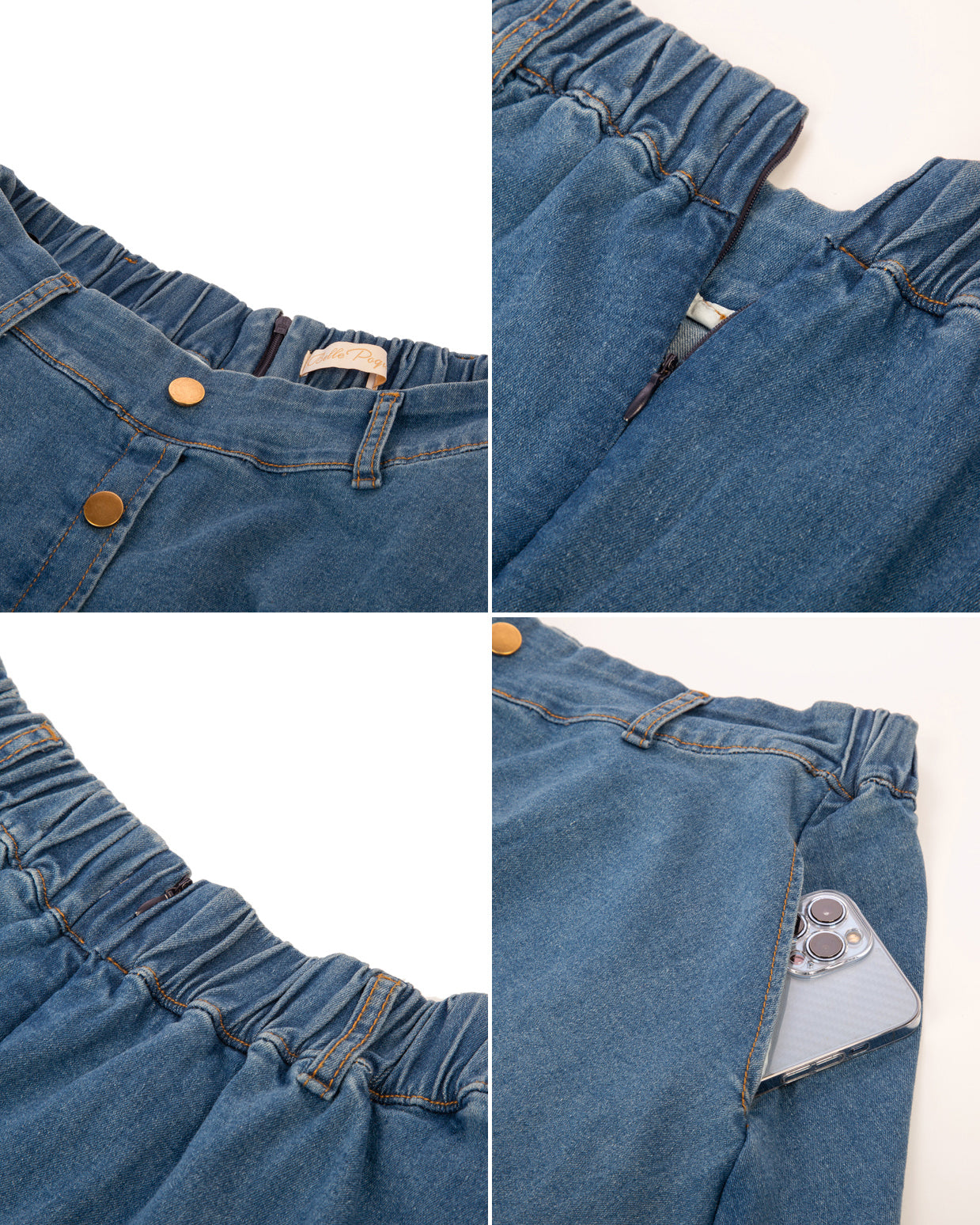 belle poque Jean Skirt with Belt Elastic High Waist A-Line Midi Skirt