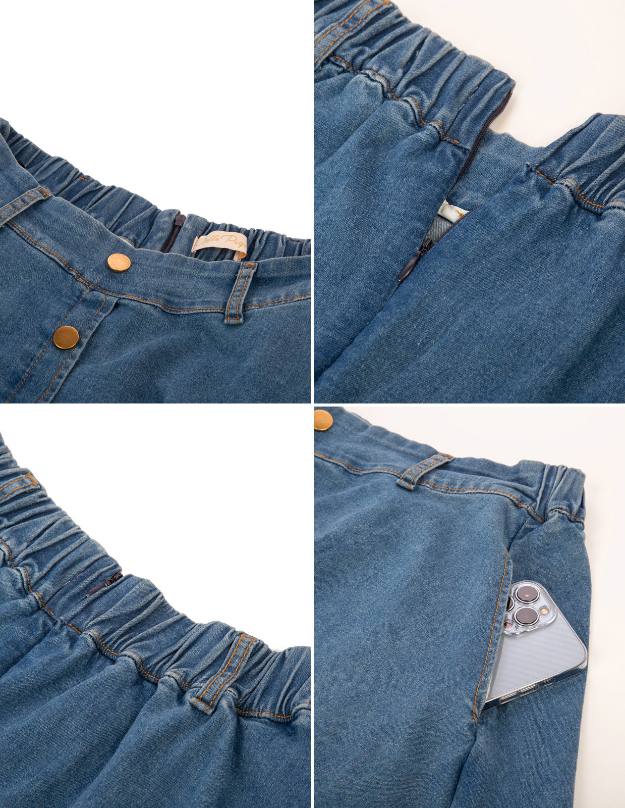 belle poque Jean Skirt with Belt Elastic High Waist A-Line Midi Skirt