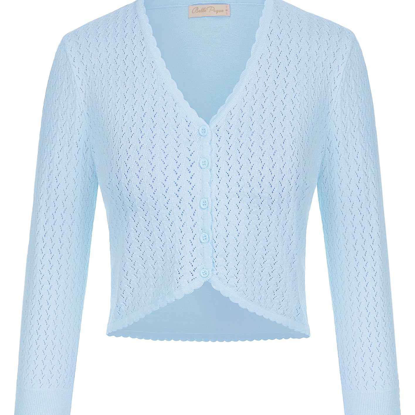 belle poque Hollowed-Out Cardigan 3/4 Sleeve V-Neck Button-up Cropped Knitwear Light Blue