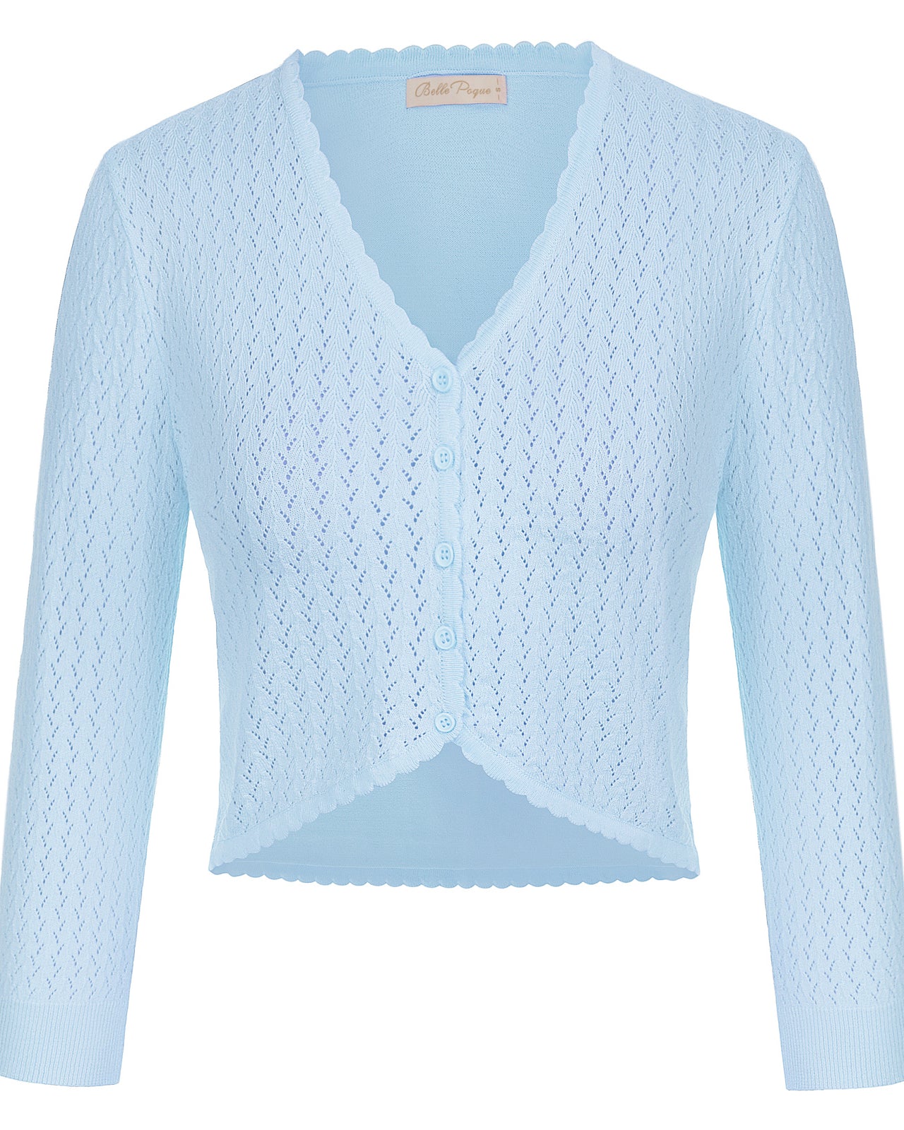 belle poque Hollowed-Out Cardigan 3/4 Sleeve V-Neck Button-up Cropped Knitwear Light Blue