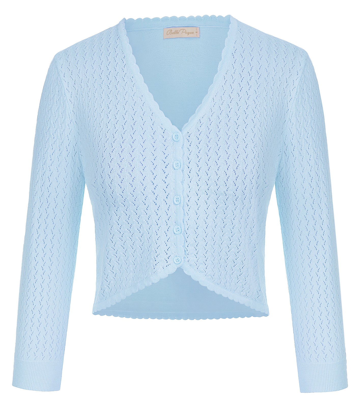 belle poque Hollowed-Out Cardigan 3/4 Sleeve V-Neck Button-up Cropped Knitwear Light Blue