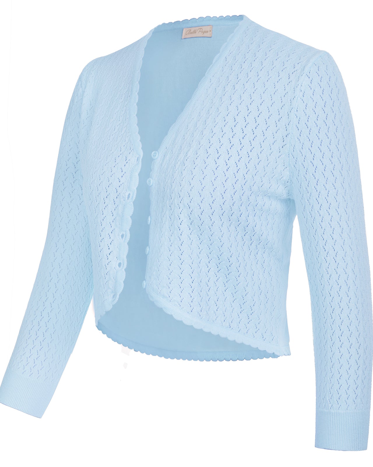 belle poque Hollowed-Out Cardigan 3/4 Sleeve V-Neck Button-up Cropped Knitwear