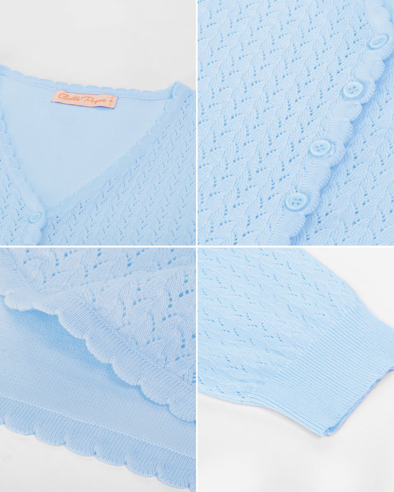 belle poque Hollowed-Out Cardigan 3/4 Sleeve V-Neck Button-up Cropped Knitwear