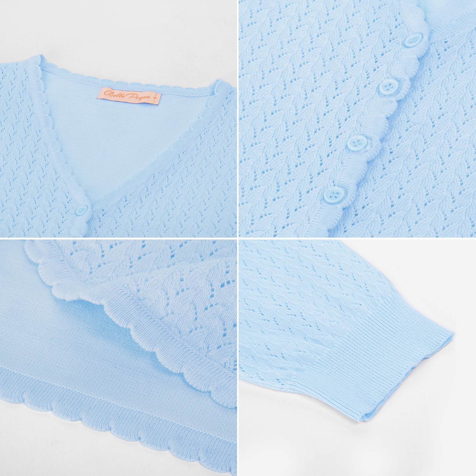 belle poque Hollowed-Out Cardigan 3/4 Sleeve V-Neck Button-up Cropped Knitwear