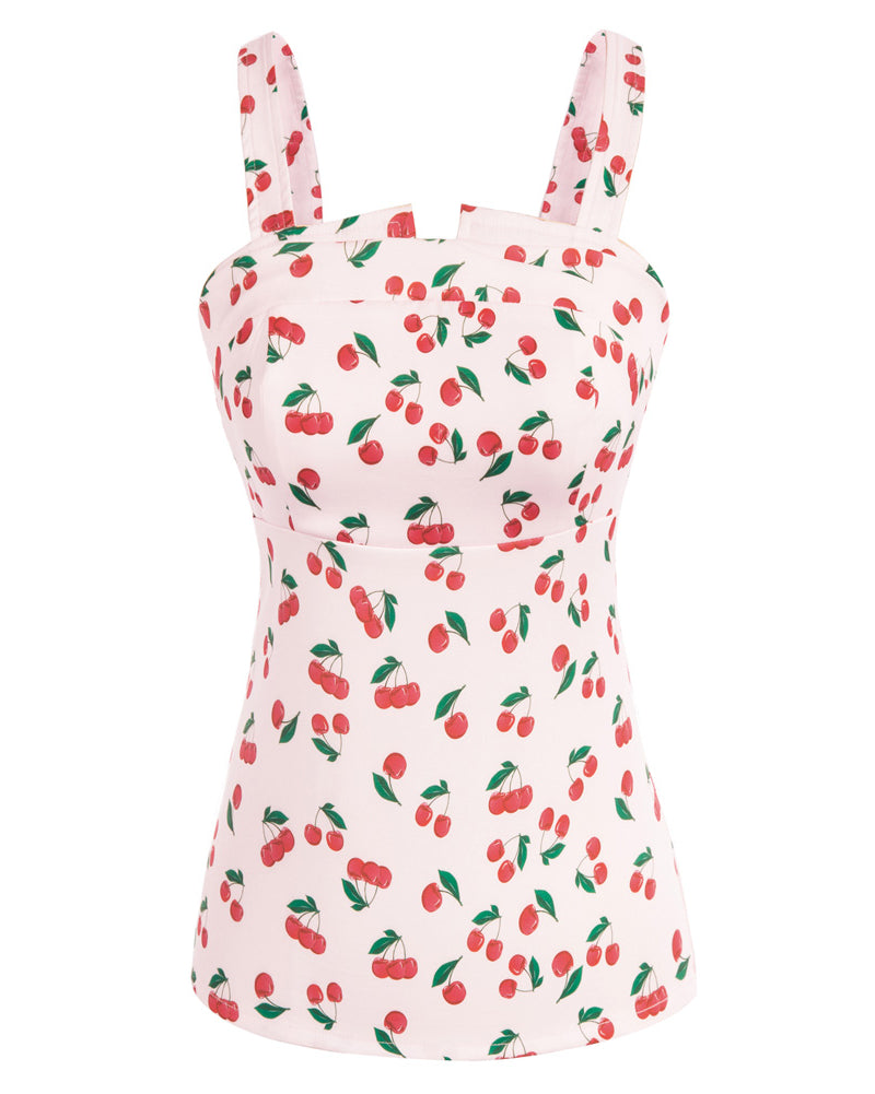 belle poque Seckill Offer⌛Vintage Cherries Print Tops Wide Straps Smocked Back Slim Fit Tank Top Pink