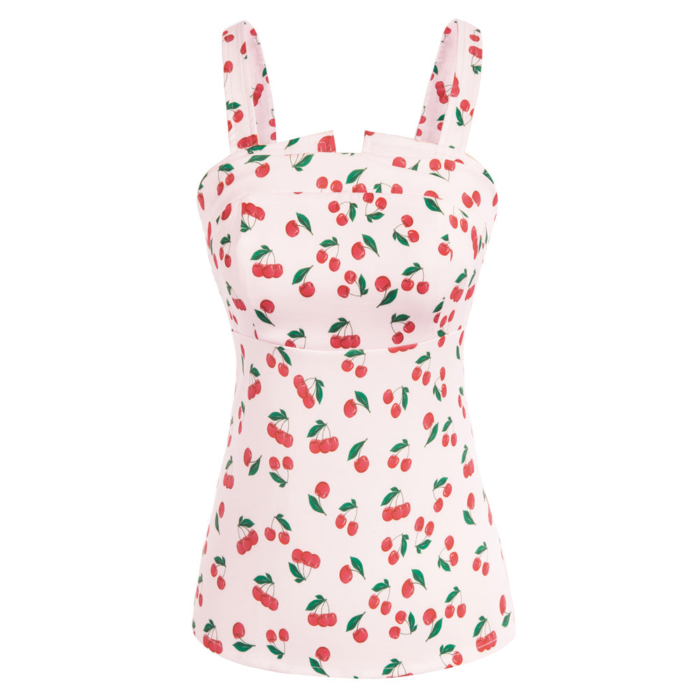 belle poque Seckill Offer⌛Vintage Cherries Print Tops Wide Straps Smocked Back Slim Fit Tank Top Pink