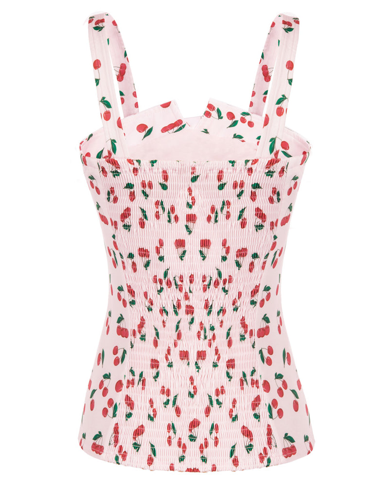 belle poque Seckill Offer⌛Vintage Cherries Print Tops Wide Straps Smocked Back Slim Fit Tank Top
