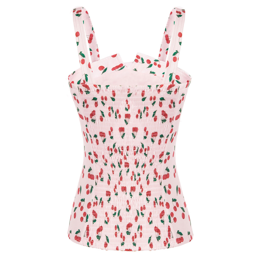 belle poque Seckill Offer⌛Vintage Cherries Print Tops Wide Straps Smocked Back Slim Fit Tank Top